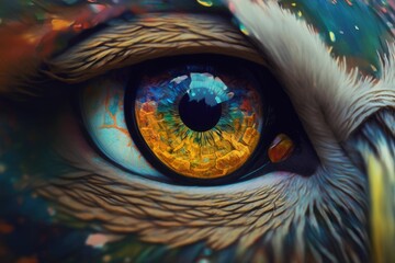Macro-shot of owl's eyes. Generative AI.