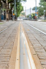 Fototapeta na wymiar Vertical closeup shot of empty VLT rails in downtown Rio de Janeiro, Brazil