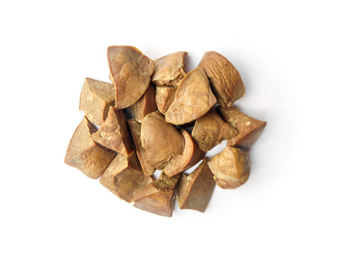 Boiled pieces of goat liver or mutton liver isolated on white background.Boiled chopped liver heap.Goat liver is rich in copper,iron and vitamin A,B