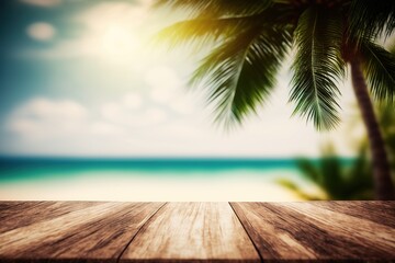 Seaside Serenity Rustic Table with Beachy Backdrop montage photo for product advertisement display nature background, AI Generate