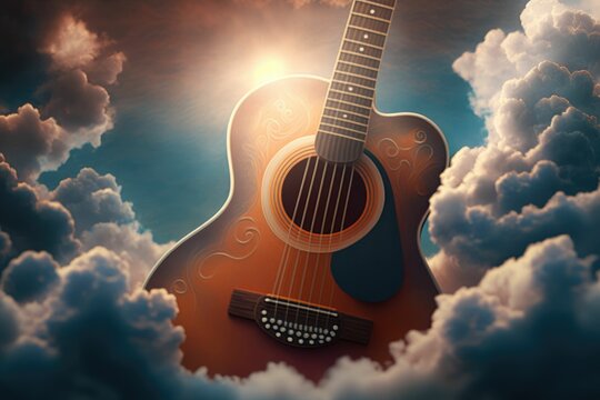 An acoustic guitar surrounded by clouds. Generative AI.