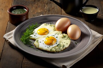 Fried eggs served with chives as a digital illustration (Generative AI)