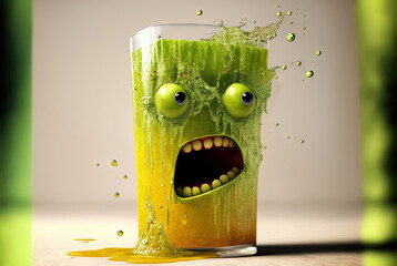 Funny monster juice. Cute glass of juice character with splashing fresh beverage. Generated AI