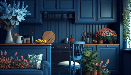 blue marine kitchen interior design  with furniture by generative ai