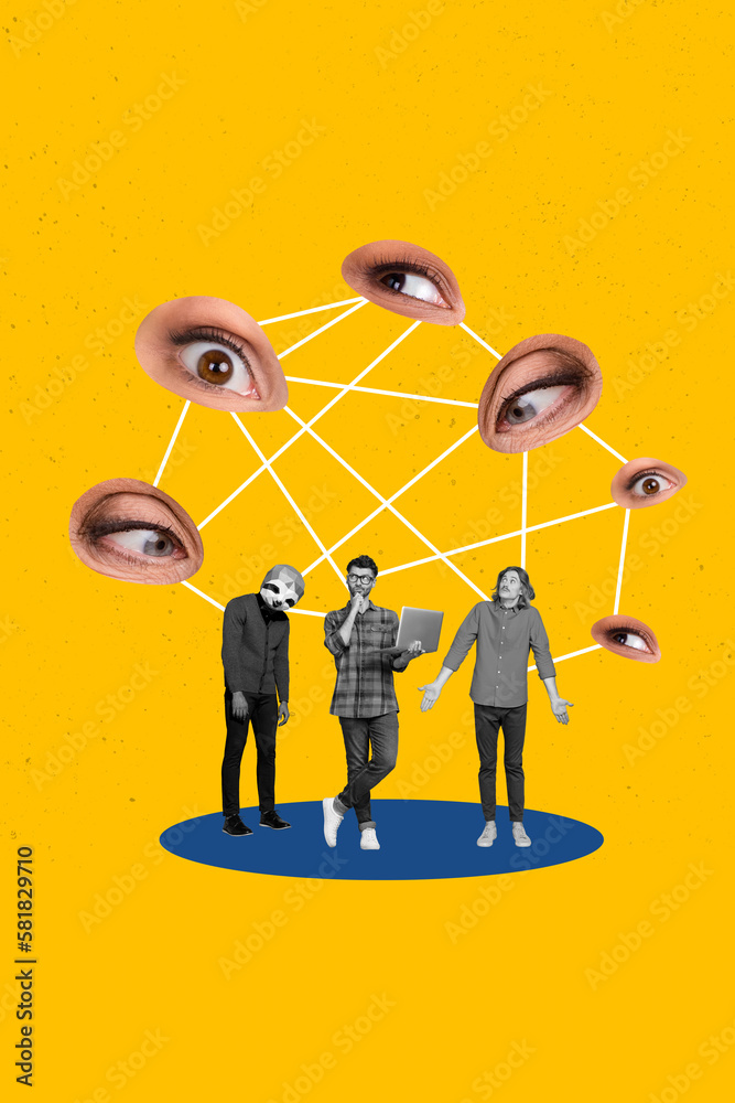 Leinwandbilder Collage 3d pinup pop retro sketch image of working team creating safety app modern device isolated painting background