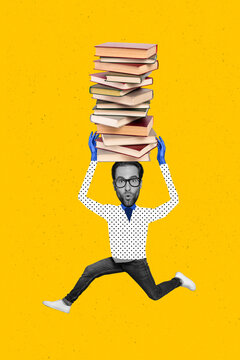 Collage 3d pinup pop retro sketch image of impressed funky guy holding big book stack isolated painting background