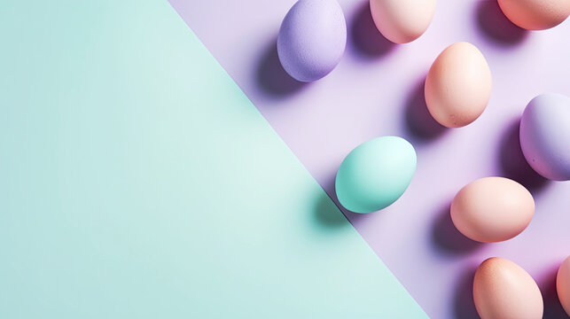 Generative AI. Easter eggs of bed color on a light background. flatlay composition "Happy Easter". Easter card design, template. Horizontal illustration.