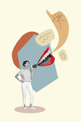Artwork magazine collage picture of funny lady shouting toa arm genius pointing isolated drawing background