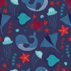 Ocean seamless pattern with whale, crab, jellyfish, starfish, shell, stingray