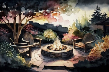 Beautiful fire pit in backyard at dusk with comfort. generative ai