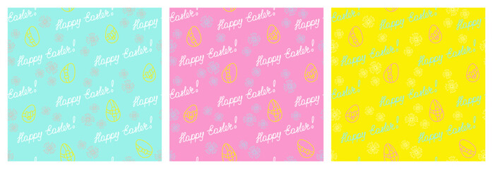 Easter seamless pattern with lettering Happy Easter, eggs and flowers. Each pattern is isolated. Endless print for card, banner, wrapping paper, wallpaper or other using. Vector illustartion. Set.