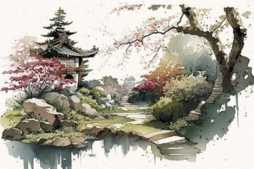 Traditional Japanese garden. plum blossom flowers in garden. generative ai