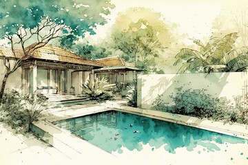 Swimming pool in tropical garden. pool villa. generative ai
