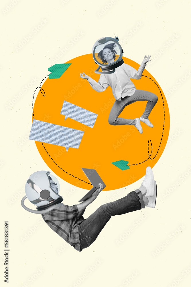 Poster creative abstract template graphics collage image of funny colleagues wear space helmets chatting is