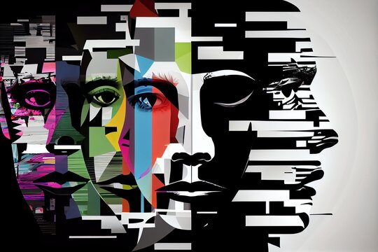 Abstract Background With Faces Collage Black And White And Colours Elements, Psychology, Stress Wallpaper Illustration. Generative AI