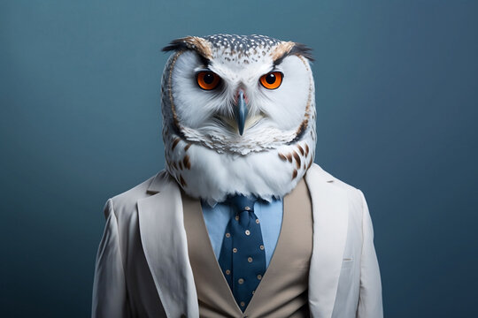 The owl in a business suit: wise and knowledgeable, creative stock image of animals in business suit. Generative AI