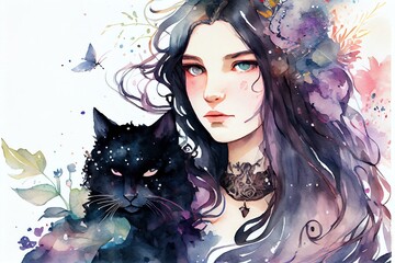 Watercolor Illustration of aime Girl With Dark Hair With Cat, Fairy Magical Fantasy World. Generative AI