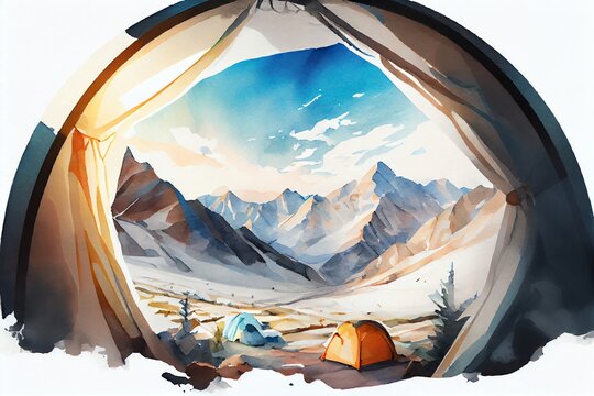 Watercolor Illustration of a View From A Tent In A Mountain Camp, Morning View Snowy Mountain Valleys And Peaks. Generative AI