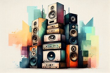 Obraz premium Watercolor Illustration of a A Large Stack Of Vintage Music Audio Speakers. Generative AI