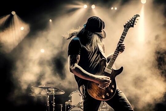 Rock Musician Plays Music On Stage, Rocker Guitarist Performs At Concert. Generative AI