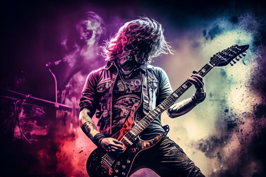 Rock Musician Plays Music On Stage, Rocker Guitarist Performs At Concert. Generative AI
