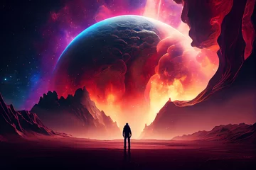 Wandcirkels Paars Man Silhouette Standing On Futuristic Planet Surface And Looking On Cosmic Landscape With Nebula And Galaxy. Generated With. Generative AI  © Pixel Matrix