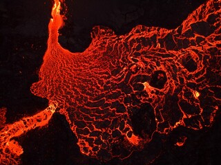 Beautiful shot of glowing red molten lava magma after the Meradalir Volcano Eruption in Iceland