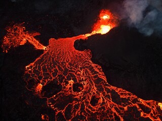 Beautiful shot of glowing red molten lava magma after the Meradalir Volcano Eruption in Iceland