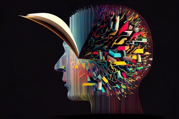 Learning To Read And Reading Comprehension Or Language Spoken And Autistic Spectrum Or Dyslexia Disorder Concept As A Human Head As A Mental Health Symbol. Generative AI - obrazy, fototapety, plakaty
