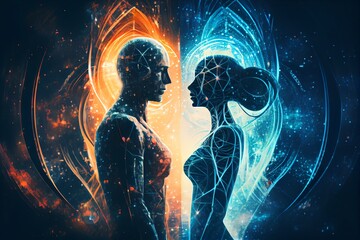 Man And Woman Standing Together Against Abstract Futuristic Background. Human Souls Couple In Love. Esoteric And Spiritual Life Concept. Cosmic Love. People Feelings. Generative AI
