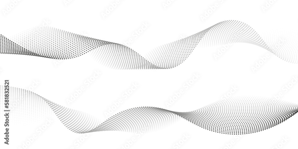 Poster Flowing dots particles wave pattern monochrome halftone black gradient curve shape isolated on white background. Vector in concept of AI, technology, modern science, music, sound.