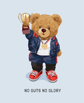 glory slogan with bear doll in sweat jacket holding trophy vector illustration