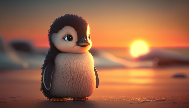 Cute baby penguin, background blurred sunset
