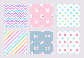 Lovely hand-drawn Easter seamless pattern, cute doodle eggs, pastel color, bunny, great for textiles, banners, wallpaper, wrapping - vector design Happy Easter Egg Hunt Texture Pattern Set