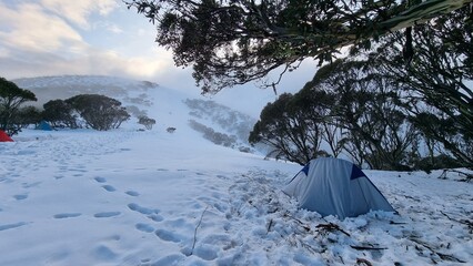 camping in the snow mountains
