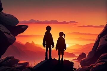 Boy And Girl Stand On Rocky Cliff And Look At Valley In Sunset. Silhouettes Of Children Against Beautiful Landscape. Romantic Feelings And Emotions Of Couple. Generative AI