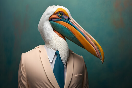 The pelican bird in a business suit: ready for business, creative stock image of animals in business suit. Generative AI