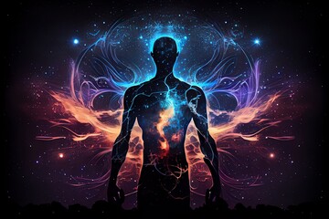 Astral Body Silhouette With Abstract Space Background. Esoteric, Spiritual Life And Meditation Concept. Afterlife And Connection With Other Worlds. Generative AI