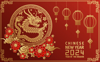 Happy chinese new year 2024 year of the chinese dragon zodiac with on color Background. ( Translation : happy new year, chinese dragon )