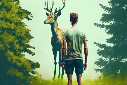 A boy standing near springbok  against the backdrop of a forest. Fantasy concept , Illustration painting. Generative AI