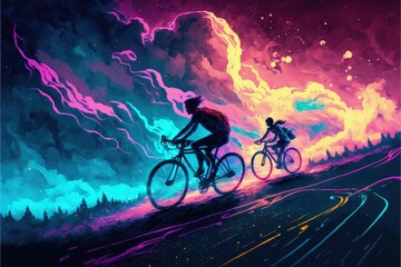 Fototapeta na wymiar A couple in love rides a bicycle through a night sky filled with vibrant, colorful clouds. Fantasy concept , Illustration painting. Generative AI