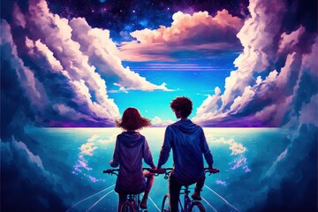 A couple in love rides a bicycle through a night sky filled with vibrant, colorful clouds. Fantasy concept , Illustration painting. Generative AI