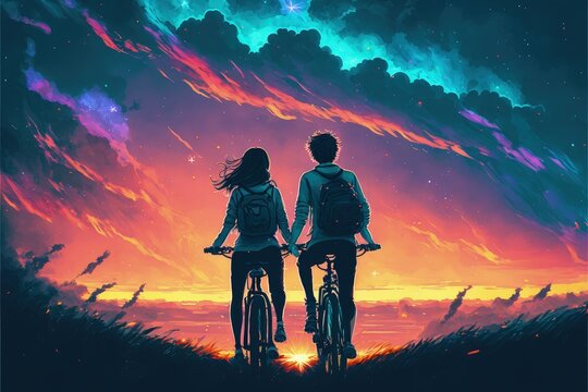 A couple in love rides a bicycle through a night sky filled with vibrant, colorful clouds. Fantasy concept , Illustration painting. Generative AI