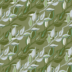 Seamless pattern branches with leaves. Organic background.