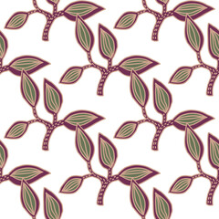 Seamless pattern with decorative leaves. Hand drawn exotic botanical texture. Sketch jungle leaf seamless wallpaper.