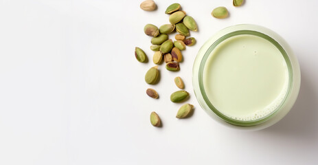 Obraz na płótnie Canvas Top view of a small bowl of pistachio milk with scattered nuts on a white background, depicting a dairy-free alternative.