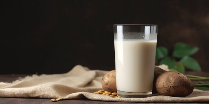Clear glass of potato milk with whole potatoes and soybeans on a rustic cloth and dark background.