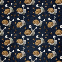 Seamless pattern with snail on dark texture background 