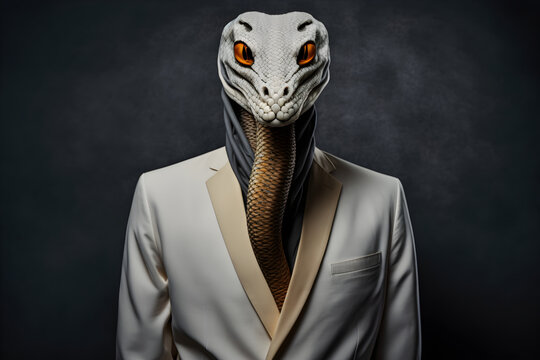 The snake in a business suit: sly and strategic, creative stock image of animals in business suit. Generative AI