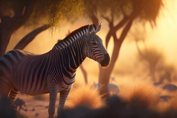 Fototapeta na wymiar Zebra in savanna at sunset. Generative AI.